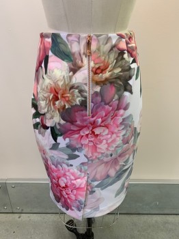TED BAKER, Off White, Pink, Green, Mint Green, Cream, Polyester, Floral, Pencil Skirt, Zip Back, Slit At Back