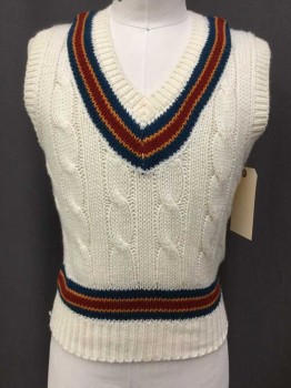Mens, Vest, BOBBY BROOKS, Cream, Green, Red, Goldenrod Yellow, Acrylic, Cable Knit, S, Forrest Green, Goldenrod Stripes Along V-neck & Waist, Pullover