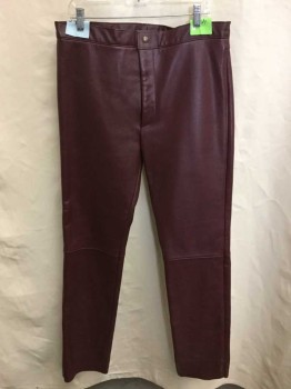 Mens, Leather Pants, N/L, Red Burgundy, Leather, Solid, Zip Fly, Straight Leg, No Pockets