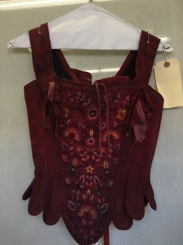 Womens, Historical Fiction Corset, Red Burgundy, Red, Orange, Chocolate Brown, Pink, Silk, Floral, Diamonds, 24+, 30+, Self Floral Diamond With Straw Embroiderred Floral Center Front, Scallop Trim, Center Front Danging Beaded Dangle Detail