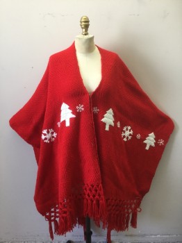 Womens, Poncho, ARTESANIAS MICKEY , Red, White, Acrylic, Holiday, Novelty Pattern, O/S, Solid Red Knit with White Christmas Trees and Snowflakes, Knotted Yarn Fringe at Ends, Open at Center Front with Hook & Eye Closure