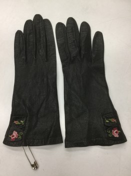 Womens, Gloves 1890s-1910s, NO LABEL, Black, Leather, Solid, Floral, Black Leather, Pink/red/green Floral Embroidery Detail,