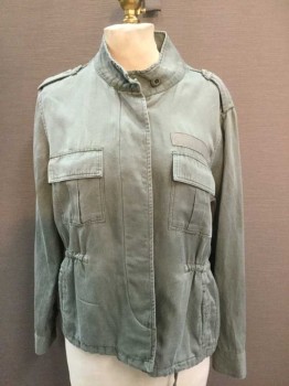 RAILS, Olive Green, Cotton, Solid, Button Front, Hidden Placket, Drawstring Waist, Cuffed Long Sleeves, Epaulets, Multipocket, Band Collar