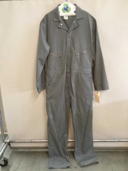 Mens, Coveralls/Jumpsuit, DICKIE, Gray, Polyester, Cotton, Solid, XL, Medium Gray, Collar Attached, Snap Top, Zip Front, 2 Slant Brass Zipper On Top Pockets, Long Sleeves,