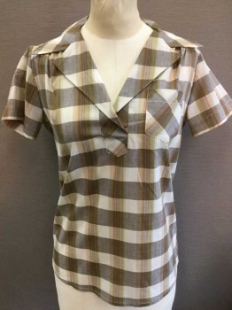 Womens, Blouse, N/L, Beige, Gray, Cream, Olive Green, Maroon Red, Cotton, Plaid, B:34, Short Sleeve, Pullover, Notched Collar, 1 Patch Pocket,