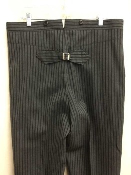 NO LABEL, Gray, Black, Wool, Stripes, Flat Front, Suspender Buttons, Side Pockets, Adjustable Back Buckle