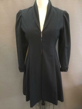 Womens, Coat 1890s-1910s, N/L, Charcoal Gray, Black, Polyester, Stripes - Vertical , Solid, W:32, B:36, Charcoal Self Stripe Weave, Long Sleeves, Shawl Collar, Black Gimp Trim On Collar and Cuffs, 4 Hook & Eye Closures At Center Front, Mid Calf Length, Puff Sleeves with Pleated Shoulders, Made To Order,