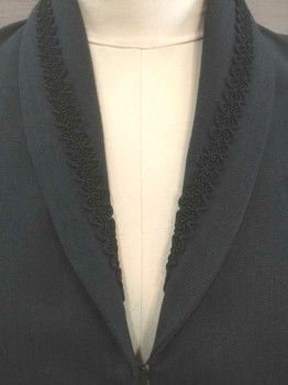 Womens, Coat 1890s-1910s, N/L, Charcoal Gray, Black, Polyester, Stripes - Vertical , Solid, W:32, B:36, Charcoal Self Stripe Weave, Long Sleeves, Shawl Collar, Black Gimp Trim On Collar and Cuffs, 4 Hook & Eye Closures At Center Front, Mid Calf Length, Puff Sleeves with Pleated Shoulders, Made To Order,