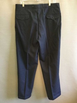 Mens, Suit, Pants, 1890s-1910s, NO LABEL, Navy Blue, Lt Blue, Wool, Stripes - Pin, 34/31, Button Fly, Missing Back Suspender Buttons, F.F, Back Welt Pockets with Flaps and Buttons,