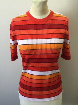 Womens, Dress, Piece 1, TORY SPORTS, Dk Red, Orange, Yellow, White, Black, Viscose, Polyester, Stripes - Horizontal , S, Ribbed Knit Dark Red, Orange, Yellow, White with Black Horizontal Stripes, Red Crew Neck, Short Sleeves,  with Matching Skirt