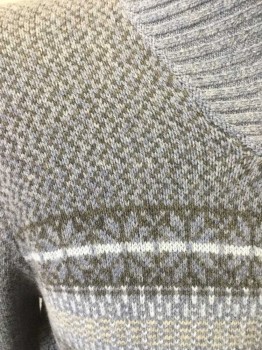 INIS MEAIN, Lavender Purple, Gray, Lt Gray, Tan Brown, Cashmere, Wool, Speckled, with Novelty Stripe Across Chest, Ribbed Knit Overlap V-N, L/S, Ribbed Knit Cuff/Waist