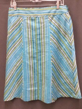 MONSOON, Turquoise Blue, Lime Green, Dk Green, Off White, Linen, Viscose, Stripes - Vertical , Stripes - Diagonal , Turquoise,lime,dark Green, Off White W/fine Light Blue Stripes, Vertical & Diagonal Stripes, 6 Large Panel, Flair Bottom, Side Zip, 3" Waistband, Turquoise Lining