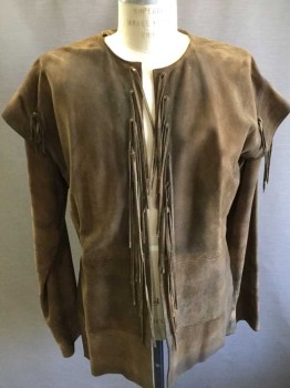 Mens, Historical Fiction Jacket, MTO, Brown, Suede, Solid, 40/42, Suede Fringe, Long Sleeves, Cowboys & Indians, Native American, Aged/Distressed,