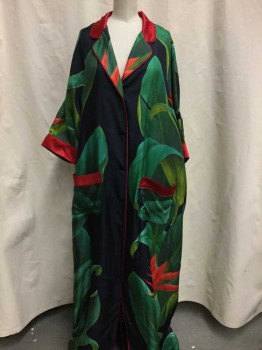 FRS, Black, Green, Red, Silk, Floral, Black with Green/red Floral Print, Red Trim, Button Front,open Collar Attached,  2 Pockets, Navy Ribbon Belt