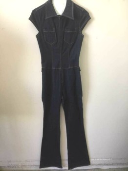 Womens, Jumpsuit, XXI, Denim Blue, Indigo Blue, Cotton, Polyester, Solid, S, Indigo Stretch Denim, Tan Top Stitching, Zip Front, Cap Sleeves, Collar Attached, 2 Patch Pockets at Chest, Full Flared Legs, 1970's Inspired
