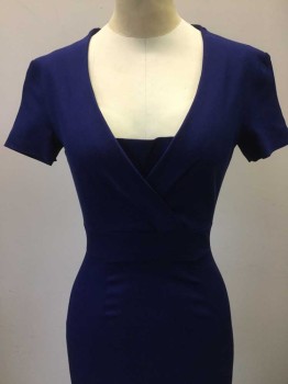REISS, Dk Blue, Polyester, Solid, Short Sleeves, Jewel-Tone Blue, V-neck with 'Modesty Panel', Center Back Zipper,
