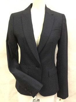 REISS, Midnight Blue, Wool, Polyester, Solid, Single Breasted, 1 Button, Notched Lapel, 3 Pockets,