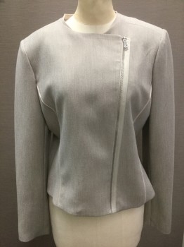 TAHARI, Oatmeal Brown, Polyester, Rayon, Solid, Off Center Front Zipper Closure, Round Neck, No Lapel, Padded Shoulders
