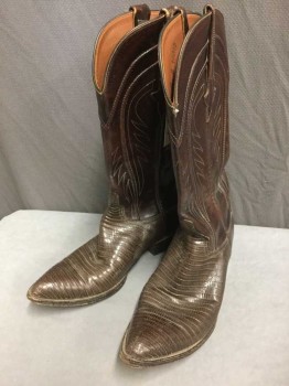 LUCCHESE, Dk Brown, Brown, Leather, Snakeskin/Reptile, Brown Leather Ankle, Brown Snakeskin Foot, Brown Embroidery, Pointed Toe, 1" Heel