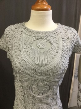 JS COLLECTIONS, Lt Gray, Cotton, Cable Knit, Abstract , Cap Sleeve with Piping Swirl Detail , Scoop Neck