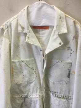 Mens, Coveralls/Jumpsuit, RED KAP, White, Gray, Yellow, Cotton, Polyester, Solid, 42R, Aged/Distressed,  2 Chest Pockets, Zip Front with Snaps, Paint Splatter, Painter.