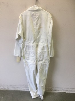 Mens, Coveralls/Jumpsuit, RED KAP, White, Gray, Yellow, Cotton, Polyester, Solid, 42R, Aged/Distressed,  2 Chest Pockets, Zip Front with Snaps, Paint Splatter, Painter.