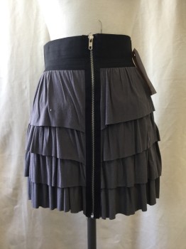 FRENCH ATMOSPHERE, Gray, Black, Rayon, Spandex, Solid, Gray, Ruffled, Elastic Waist, Zip Front