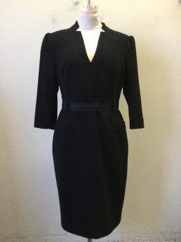 KAREN MILLEN, Black, Synthetic, Polyester, Solid, V-neck with Collar Attached, 3/4 Sleeve, 2 Pockets, Zip Back Belt Loops, Self Belt with Grosgrain Ribbon, Gathered Sleeve Inset