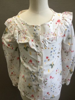 Childrens, Blouse, GENUINE KIDS, White, Multi-color, Olive Green, Red, Yellow, Rayon, Floral, Novelty Pattern, 5T, White with Multicolor Flowers, Leaves, Mushrooms, Etc Novelty Pattern, Long Sleeve Button Front, Round Neck,  Round Yoke with Self Ruffle Trim, Elastic at Cuffs