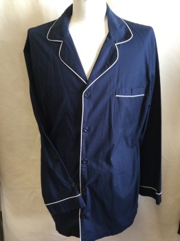 HARBOR BAY, Navy Blue, White, Cotton, Polyester, Solid, TOP:  Navy with White Pipping Trim, Collar Attached, Button Front, 1 Pocket, Long Sleeves,  with Matching Bottom