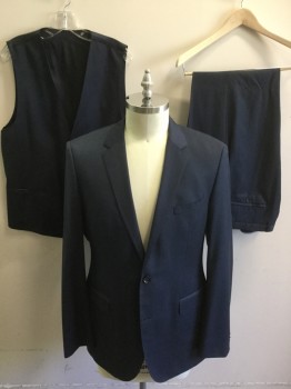 BOSS, Navy Blue, Blue, Wool, Glen Plaid, Single Breasted, 2 Buttons,  Hand Picked Collar/Lapel, Notched Lapel, 2 Back Vents,