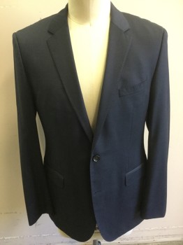 BOSS, Navy Blue, Blue, Wool, Glen Plaid, Single Breasted, 2 Buttons,  Hand Picked Collar/Lapel, Notched Lapel, 2 Back Vents,