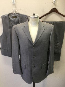 PRTO FILO, Lt Gray, Polyester, Viscose, Solid, Single Breasted, 3 Buttons,  Notched Lapel, 2 Back Vents,