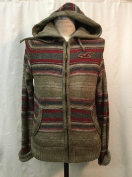 HOLLISTER, Taupe, Beige, Gray, Red, Wool, Synthetic, Stripes, Taupe/ Beige/ Gray/ Red Stripes, Zip Front, Hood, 2 Pockets,