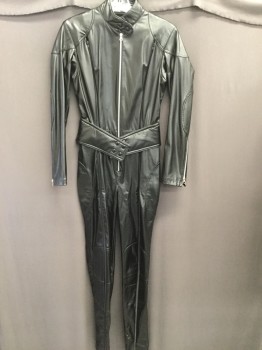 Womens, Sci-Fi/Fantasy Jumpsuit, NL, Black, Faux Leather, Solid, 26/29, B:34, Stand Up Collar, Zip Front, Zippers Up Center Legs to Top, Long Sleeves with Zippers, Wide Belt Attached