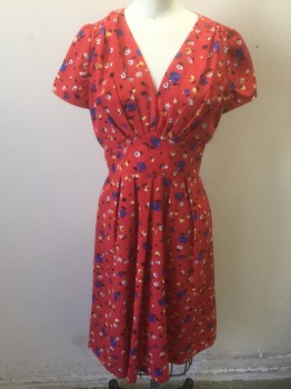 HI THERE, Red, Royal Blue, Lt Gray, Yellow, Black, Polyester, Floral, Red with Blue/Yellow/Gray/Black/White Floral Pattern Crepe, Cap Sleeves, V-neck, Pleated at Bust, Pointed Yoke at Waist, Smocking at Shoulder Seams, Knee Length