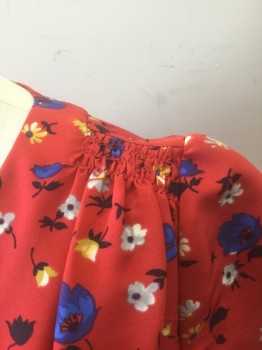 HI THERE, Red, Royal Blue, Lt Gray, Yellow, Black, Polyester, Floral, Red with Blue/Yellow/Gray/Black/White Floral Pattern Crepe, Cap Sleeves, V-neck, Pleated at Bust, Pointed Yoke at Waist, Smocking at Shoulder Seams, Knee Length