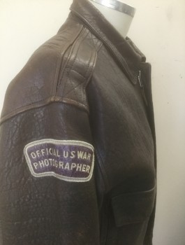 Mens, Leather Jacket, TYPE A-2, Brown, Multi-color, Leather, Solid, 38, S, WWII Uniform Press Photographer Jacket, Zip Front, Assorted Patches Throughout Including "War Correspondent", "Official US War Photographer" Etc, Collar Attached, Epaulettes at Shoulders, Reproduction