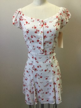 REFORMATION, White, Red, Brown, Pink, Synthetic, Floral, Cap Sleeves, Peasant Style, Button Front Placket, Back Zip