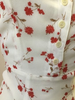 REFORMATION, White, Red, Brown, Pink, Synthetic, Floral, Cap Sleeves, Peasant Style, Button Front Placket, Back Zip