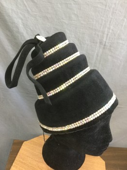 Womens, Hat , KOKIN, Black, Solid, Black Velvet Step Tiered Hat with Rhinestone Bands, Self Bow Tie on Top with Large Rhinestone, Elastic Strap
