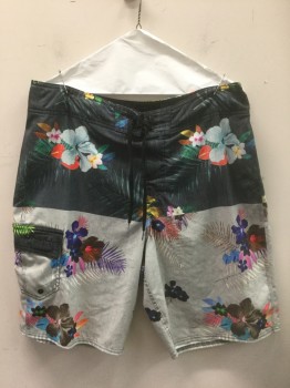 O'NEILL, Multi-color, Dk Gray, Lt Gray, Multi-color, Polyester, Spandex, Floral, Tropical , Dark Gray with Multicolor Tropical Flowers and Leaves, Bottom is Light Gray with Same Tropical Pattern, Black Laces at Center Front Waist with Velcro Closures, 1 Cargo Pocket at Side, 10" Inseam