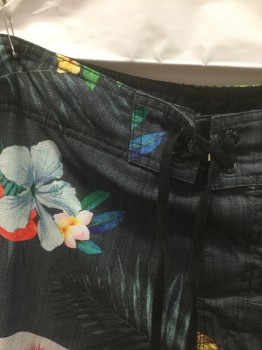 O'NEILL, Multi-color, Dk Gray, Lt Gray, Multi-color, Polyester, Spandex, Floral, Tropical , Dark Gray with Multicolor Tropical Flowers and Leaves, Bottom is Light Gray with Same Tropical Pattern, Black Laces at Center Front Waist with Velcro Closures, 1 Cargo Pocket at Side, 10" Inseam