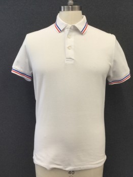 FRENCH CONNECTION, White, Cotton, Polyester, Solid, Pique Knit, Short Sleeves, 3 Buttons,  Ribbed Knit Collar Attached, Ribbed Knit Cuff, Blue/White/Red Stripe Heat Transfer on Collar and Cuff