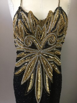 Womens, Evening Gown, JAGSWEAR, Black, Gold, Silver, Silk, Rayon, W28, B36, Bugle Beads, Sequins, Round Beads, Pattern Bursting From Chest, Spaghetti Straps, Center Back Zipper, Slit for Walking