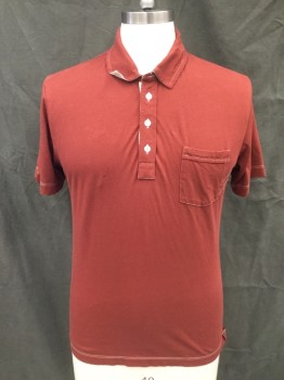 BILLY REID, Terracotta Brown, Cotton, Solid, 3 Button Placket, Collar Attached, Short Sleeves, White Stitching, 1 Pocket