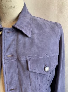 PAUL SMITH, Dusty Purple, Suede, Solid, Collar Attached, Button Front, 4 Pockets, Button Tabs at Waistband, Button Cuffs