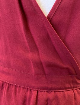 TYSA, Cranberry Red, Rayon, Solid, Maxi Length Wrap Dress, Cap Sleeves with Low Drapey Armholes, Wrapped V-neck, 1" Wide Self Waistband, Self Ties