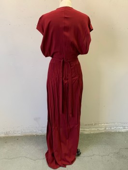TYSA, Cranberry Red, Rayon, Solid, Maxi Length Wrap Dress, Cap Sleeves with Low Drapey Armholes, Wrapped V-neck, 1" Wide Self Waistband, Self Ties
