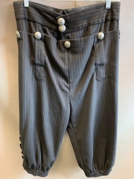 Mens, Historical Fiction Piece 3, MTO, Black, Dk Umber Brn, Wool, Synthetic, Stripes - Vertical , W34, Fall Front Breeches, 7 Silver Metal Buttons at Waist, 6 Silver Metal Buttons at Knee,